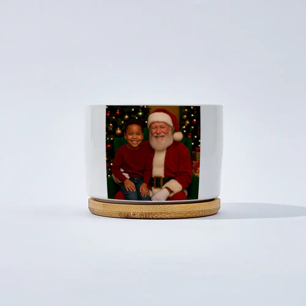 Custom Christmas Photo Ceramic Flower Pot with Wooden Base – Elegant Home Decor
