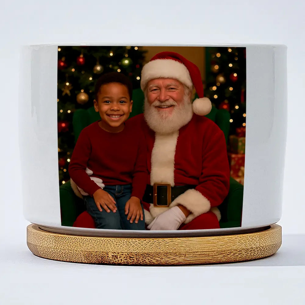 Custom Christmas Photo Ceramic Flower Pot with Wooden Base – Elegant Home Decor