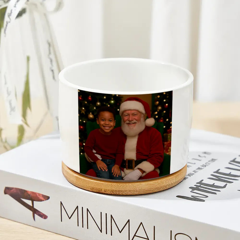 Custom Christmas Photo Ceramic Flower Pot with Wooden Base – Elegant Home Decor